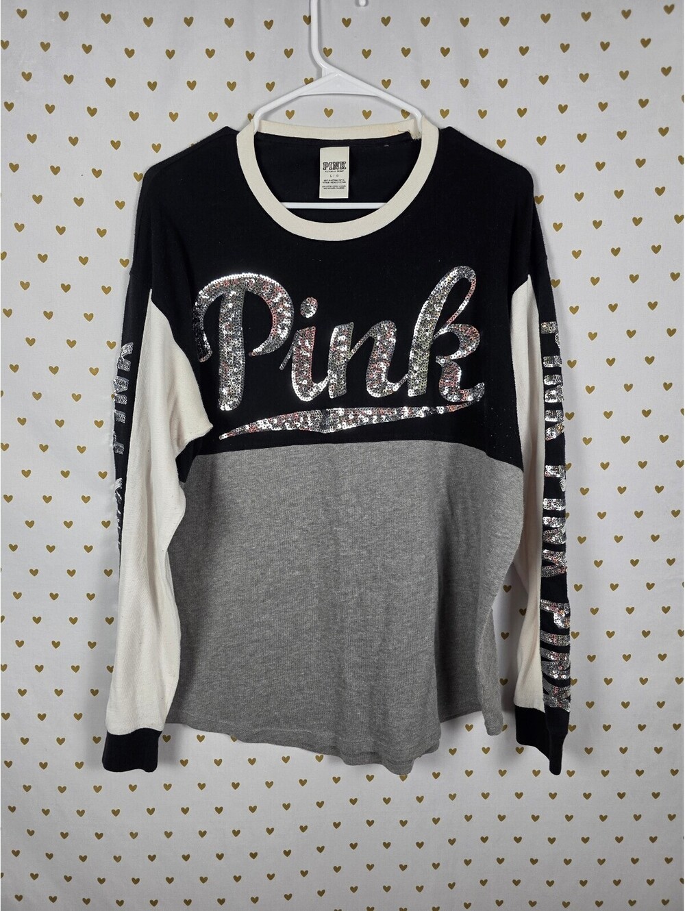 Victorias Secret PINK Bling Long Sleeve Sequined Colorblock Tee shirt Large